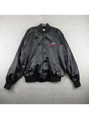 Ford Racing Jacket Mens L Black Satin Bomber USA Embroidered Logo Vintage